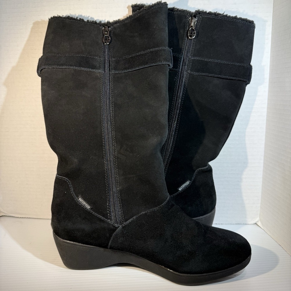 London Fog Monica Suede Leather Waterproof Tall Boots Faux Fur Wedge Black Sz 9M - Picture 3 of 16
